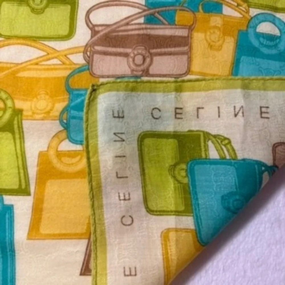 Vtg CELINE Scarf Handkerchief Handbag Motif Multicolor blue green 22